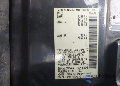 2010 Nissan Altima 2.5 S z USA, uszkodzony, nr VIN 1N4AL2APXAN537164